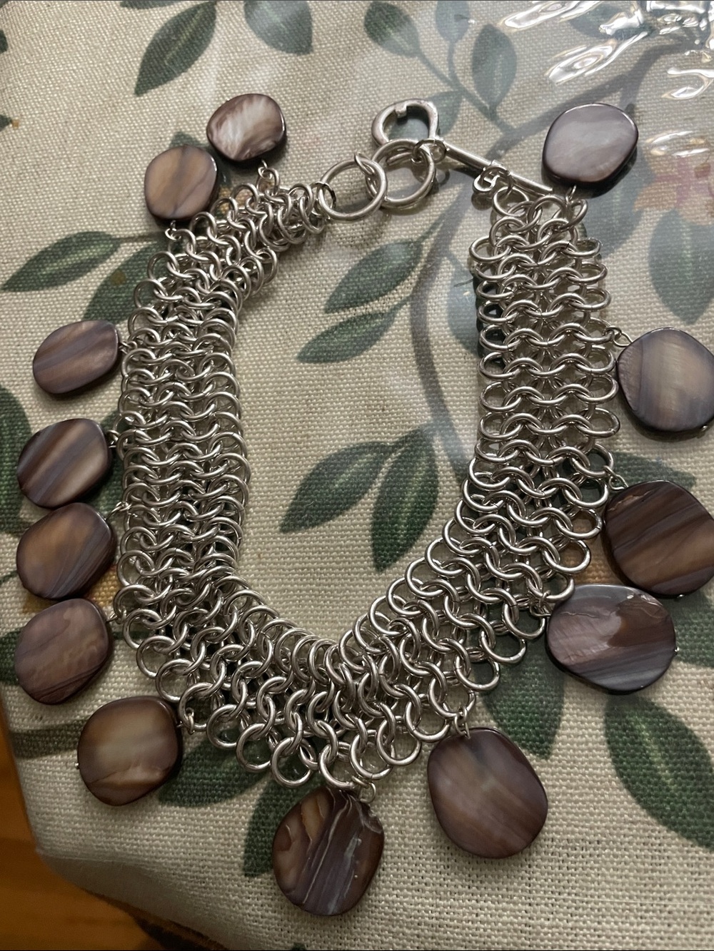Multi-Row Silver Chain chocker with Brown Discs